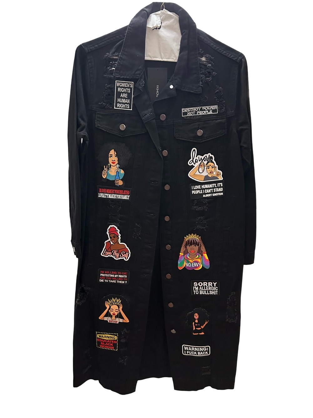 BRAND NEW! Fashion Nova Black Patch-Adorned Long Jean Jacket